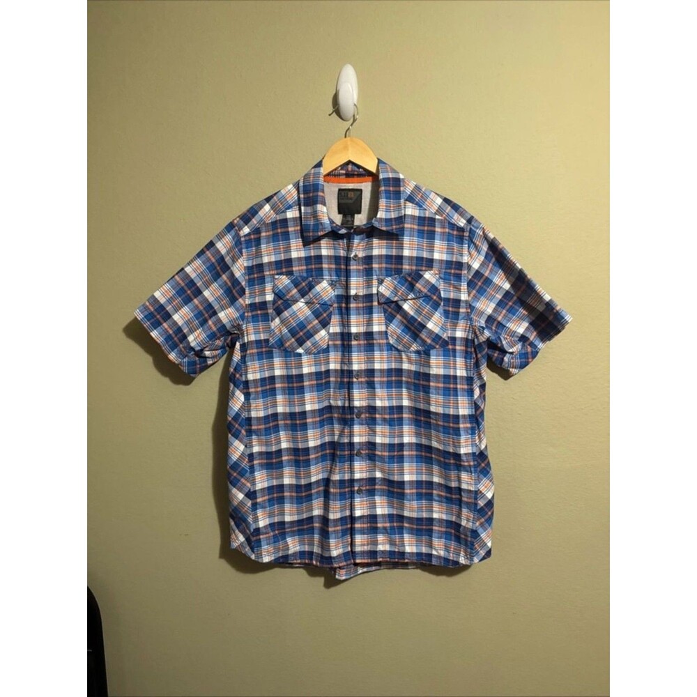 511 Tactical Shirt Mens Large Short Sleeve Button Up Snap Blue Orange Plaid